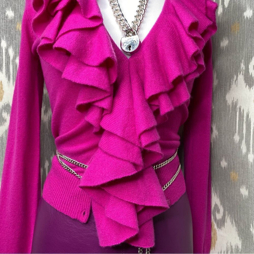 Ralph Lauren Blue Label Fuchsia Italian Cashmere Ruffle Front Cardigan Sweater - Picture 13 of 16
